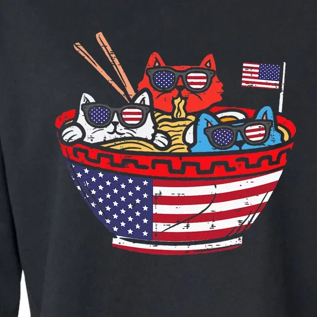 Cats Ramen Anime American Flag Usa Cropped Pullover Crew