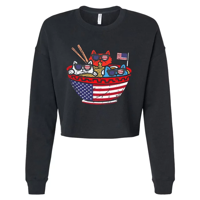 Cats Ramen Anime American Flag Usa Cropped Pullover Crew