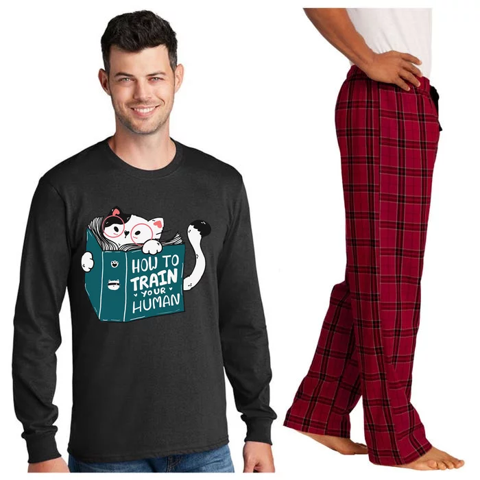 Cat Reading A Book How To Train Your Human Funny Cat Lovers Long Sleeve Pajama Set