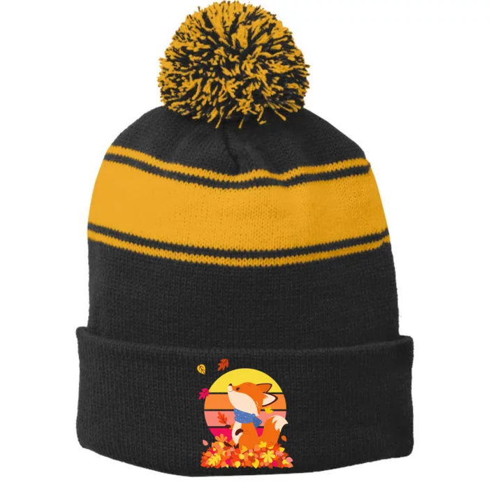 Cute Retro Autumn Fall Leaves Baby Fox Stripe Pom Pom Beanie