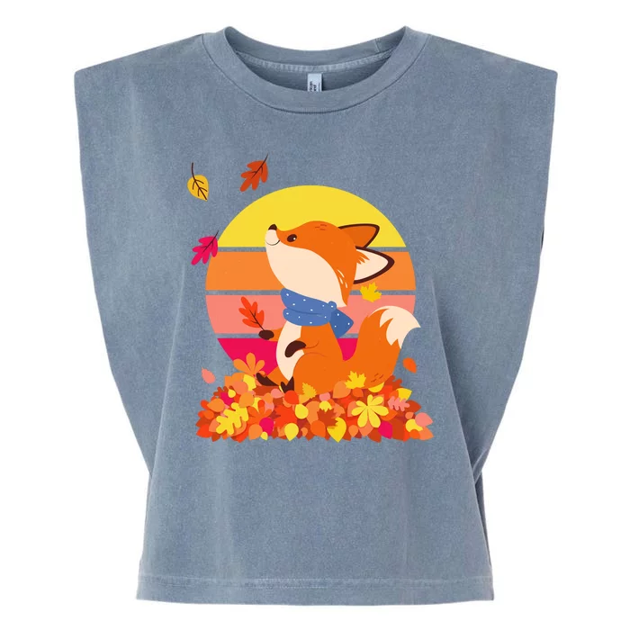 Cute Retro Autumn Fall Leaves Baby Fox Garment-Dyed Women's Muscle Tee