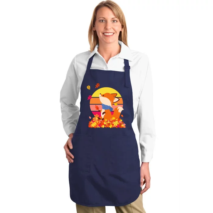 Cute Retro Autumn Fall Leaves Baby Fox Full-Length Apron With Pocket