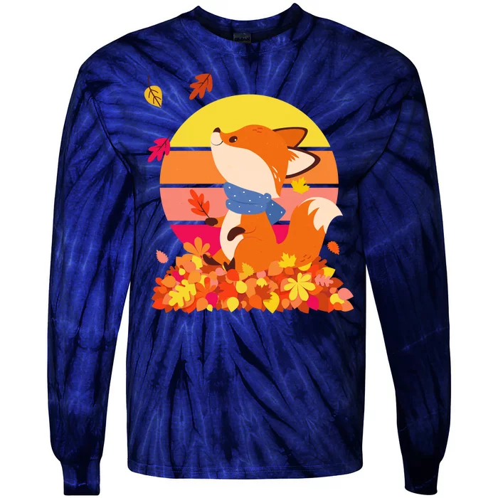 Cute Retro Autumn Fall Leaves Baby Fox Tie-Dye Long Sleeve Shirt