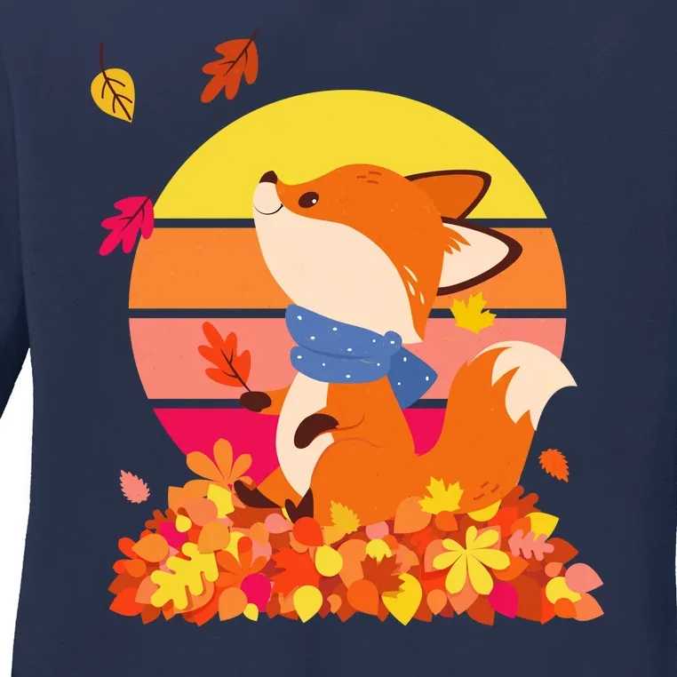 Cute Retro Autumn Fall Leaves Baby Fox Ladies Long Sleeve Shirt