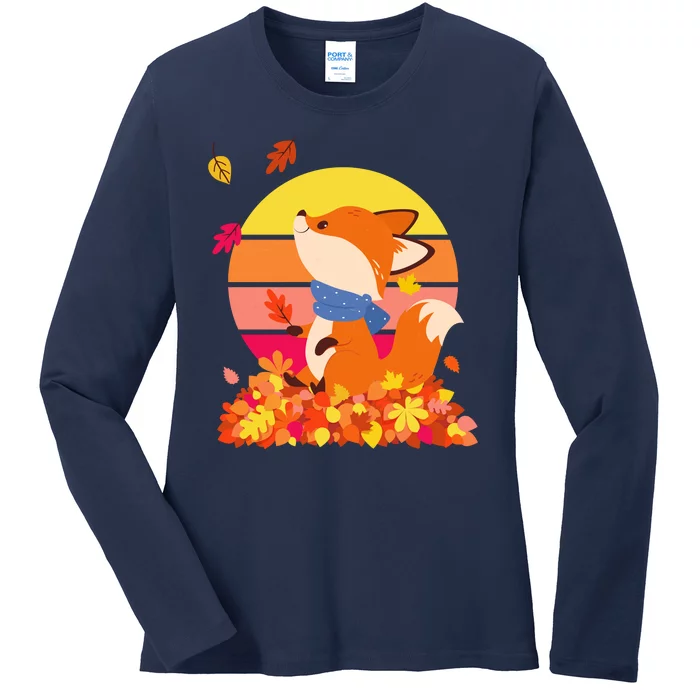 Cute Retro Autumn Fall Leaves Baby Fox Ladies Long Sleeve Shirt