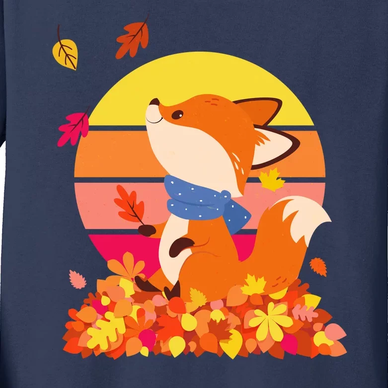 Cute Retro Autumn Fall Leaves Baby Fox Kids Long Sleeve Shirt