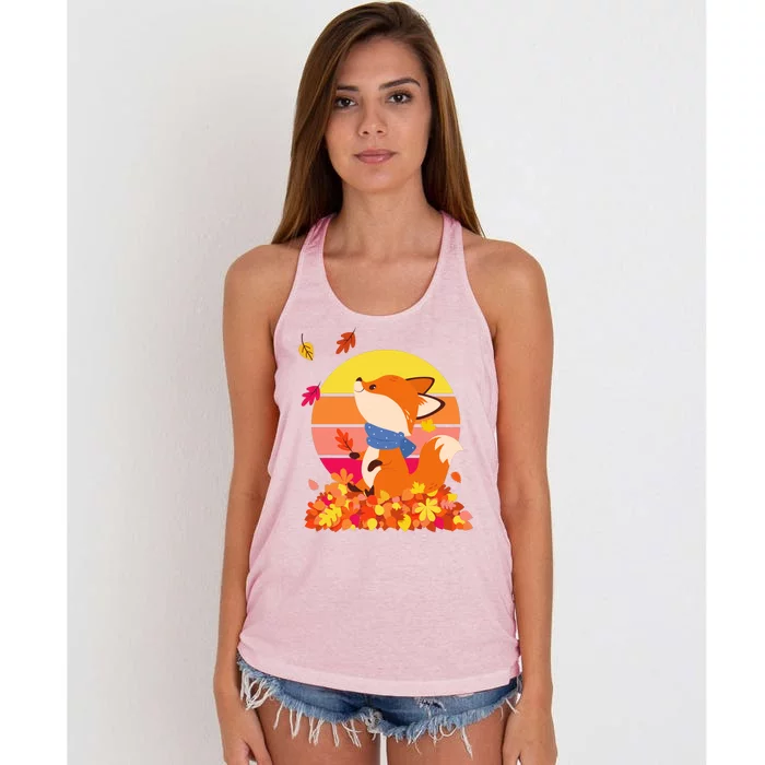 Cute Retro Autumn Fall Leaves Baby Fox Women's Knotted Racerback Tank