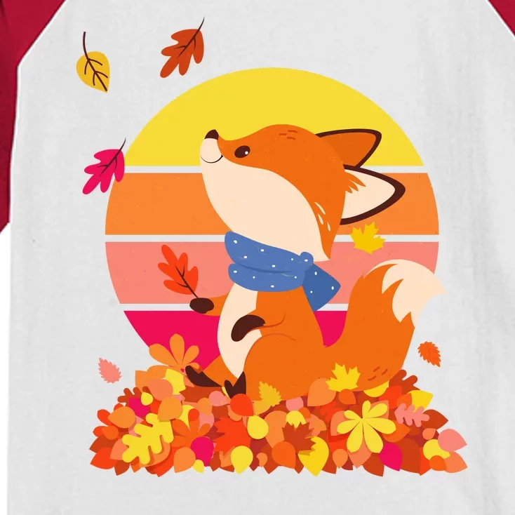 Cute Retro Autumn Fall Leaves Baby Fox Kids Colorblock Raglan Jersey