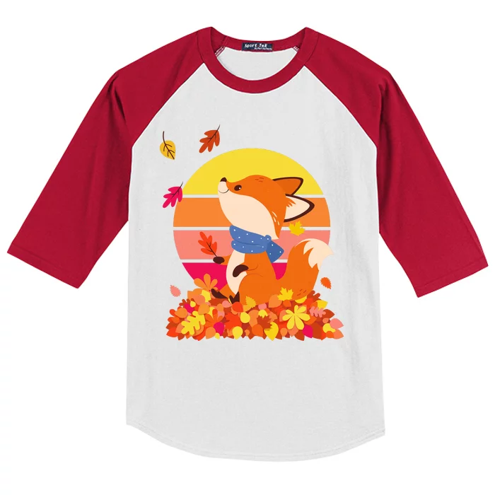 Cute Retro Autumn Fall Leaves Baby Fox Kids Colorblock Raglan Jersey