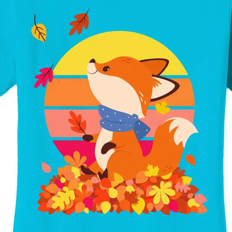 Cute Retro Autumn Fall Leaves Baby Fox Women's T-Shirt