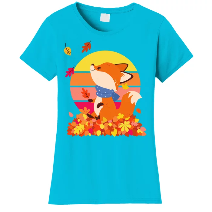 Cute Retro Autumn Fall Leaves Baby Fox Women's T-Shirt