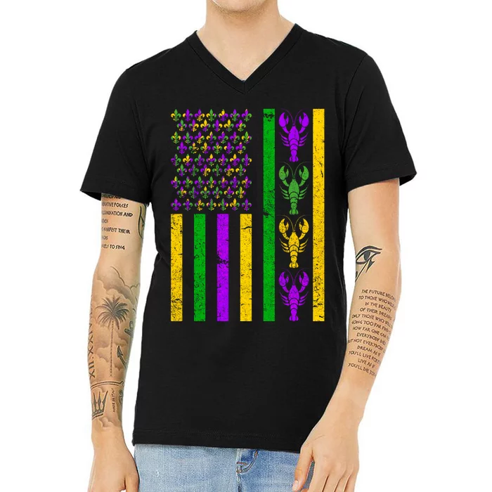 Crawfish Fleur-De-Lis Flag Mardi Gras V-Neck T-Shirt