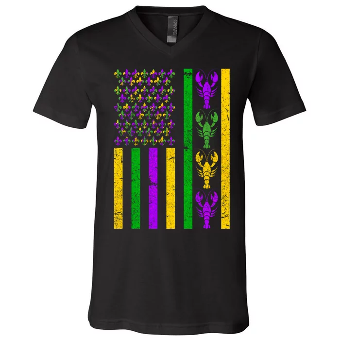 Crawfish Fleur-De-Lis Flag Mardi Gras V-Neck T-Shirt