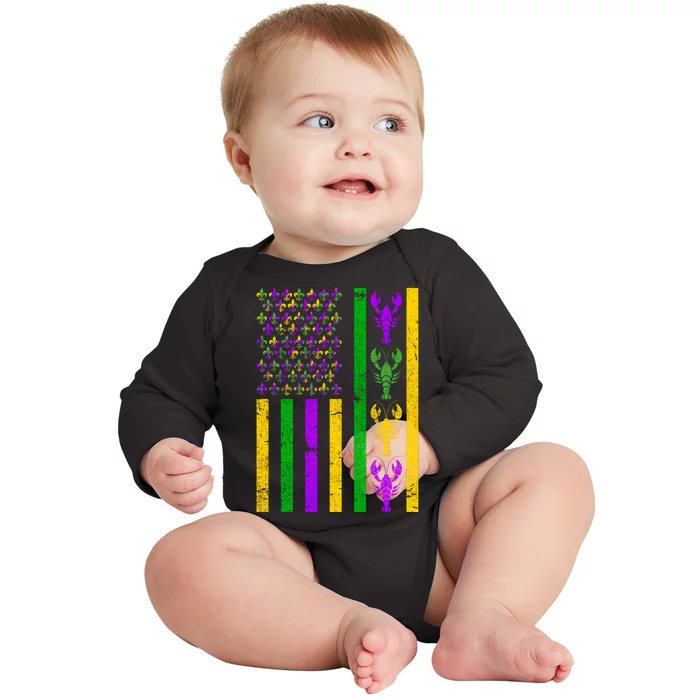 Crawfish Fleur-De-Lis Flag Mardi Gras Baby Long Sleeve Bodysuit