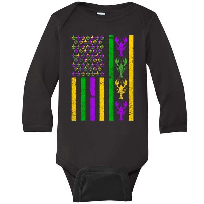 Crawfish Fleur-De-Lis Flag Mardi Gras Baby Long Sleeve Bodysuit