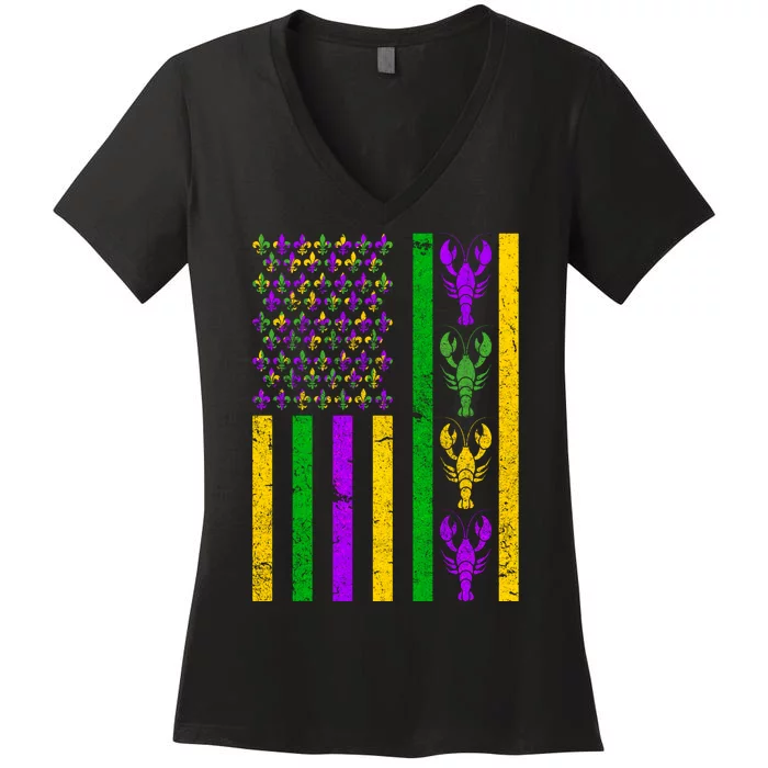 Crawfish Fleur-De-Lis Flag Mardi Gras Women's V-Neck T-Shirt