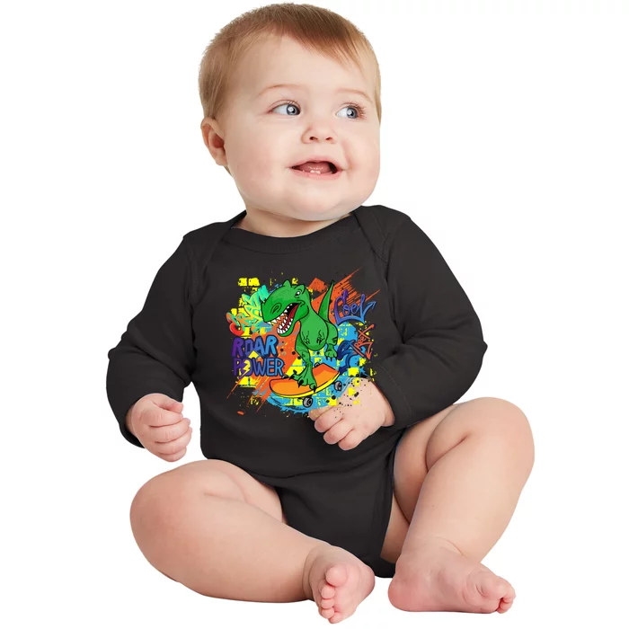 Crazy Cool Skateboarding T-Rex Baby Long Sleeve Bodysuit