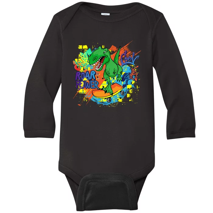 Crazy Cool Skateboarding T-Rex Baby Long Sleeve Bodysuit