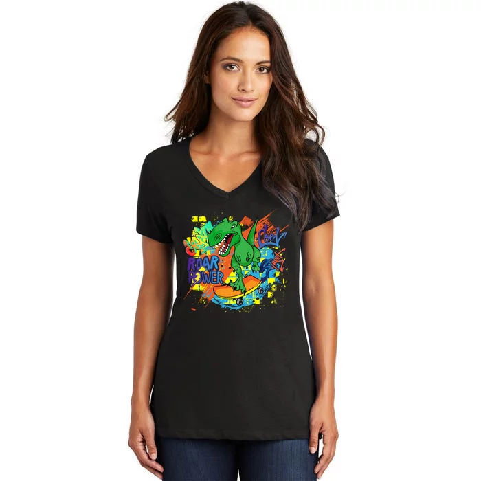 Crazy Cool Skateboarding T-Rex Women's V-Neck T-Shirt