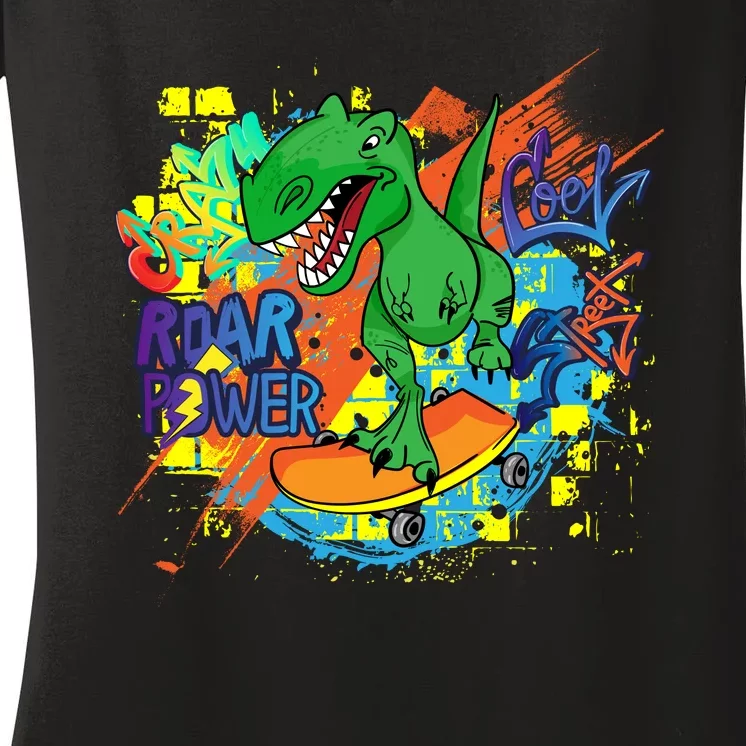 Crazy Cool Skateboarding T-Rex Women's V-Neck T-Shirt