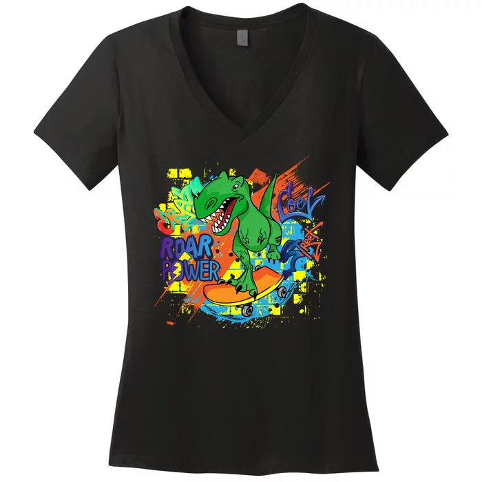 Crazy Cool Skateboarding T-Rex Women's V-Neck T-Shirt