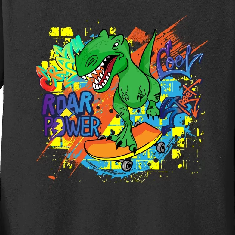 Crazy Cool Skateboarding T-Rex Kids Long Sleeve Shirt