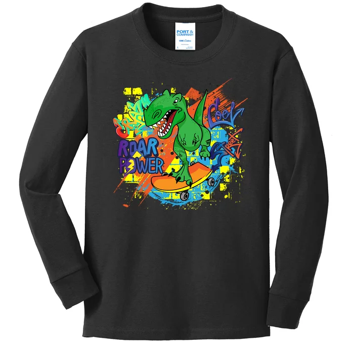 Crazy Cool Skateboarding T-Rex Kids Long Sleeve Shirt