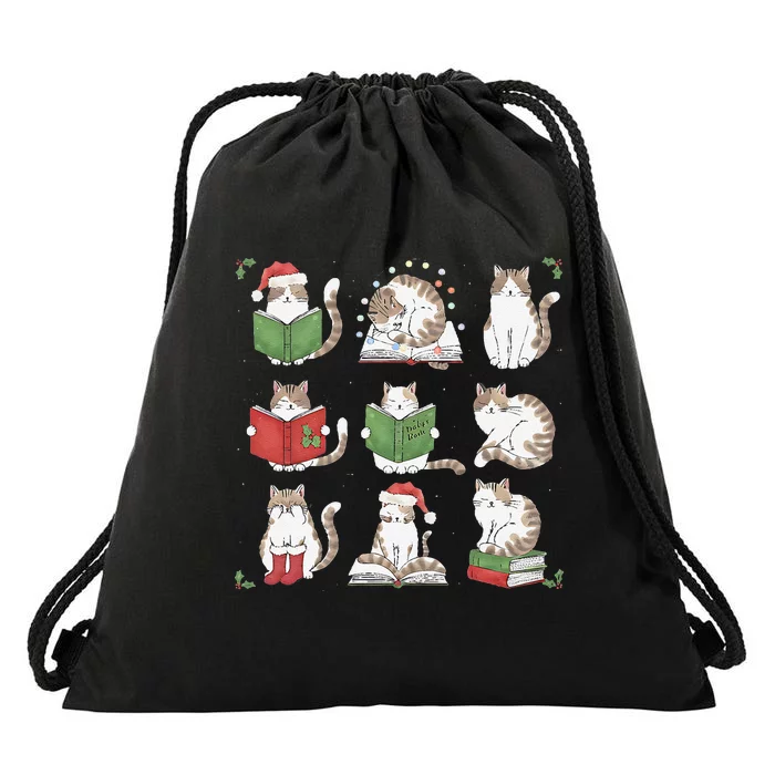 Cat Reading Book Funny Christmas Cat Book Lover Librarian Drawstring Bag