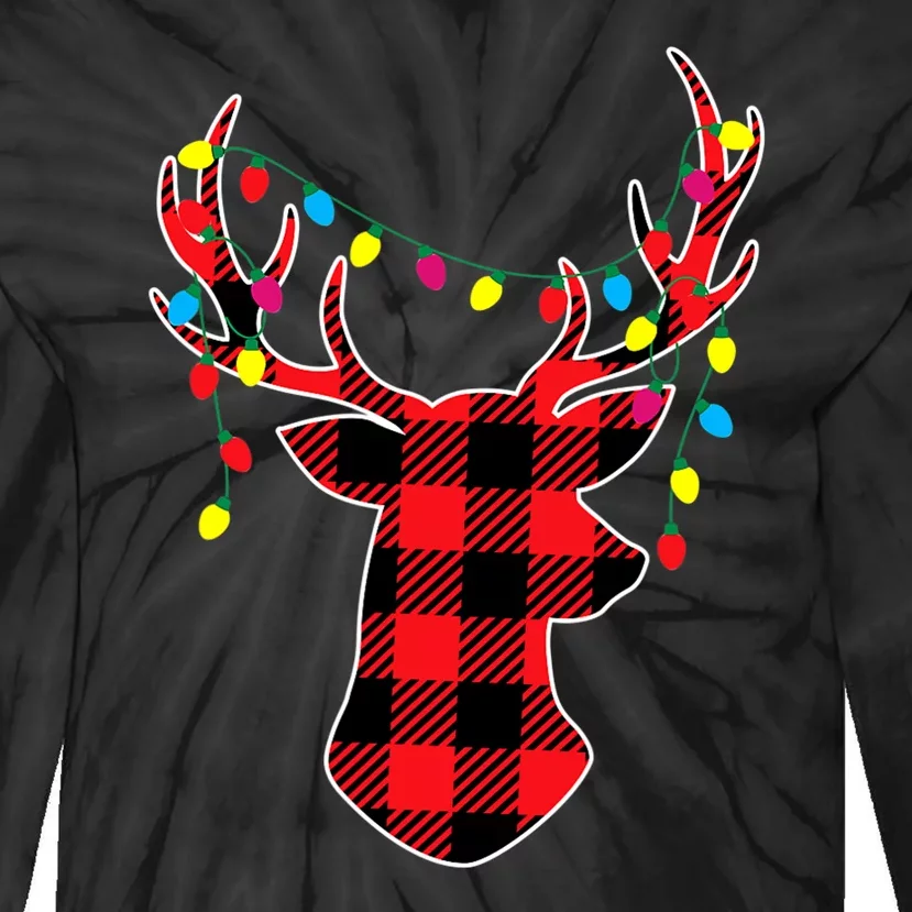 Classic Red & Black Christmas Buffalo Plaid Deer Tie-Dye Long Sleeve Shirt