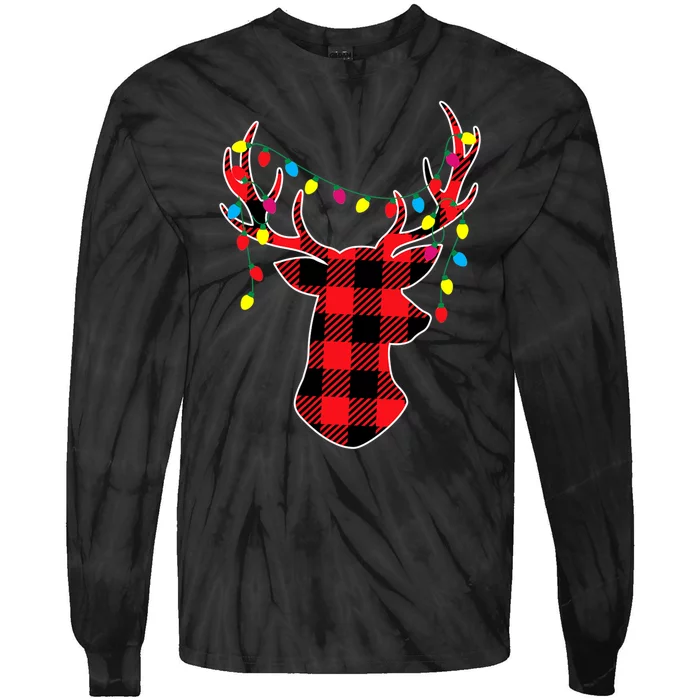 Classic Red & Black Christmas Buffalo Plaid Deer Tie-Dye Long Sleeve Shirt