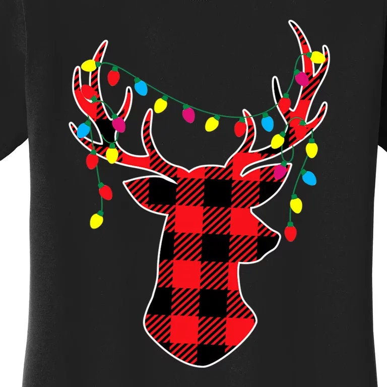 Classic Red & Black Christmas Buffalo Plaid Deer Women's T-Shirt