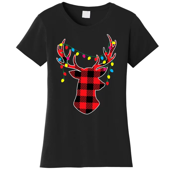 Classic Red & Black Christmas Buffalo Plaid Deer Women's T-Shirt