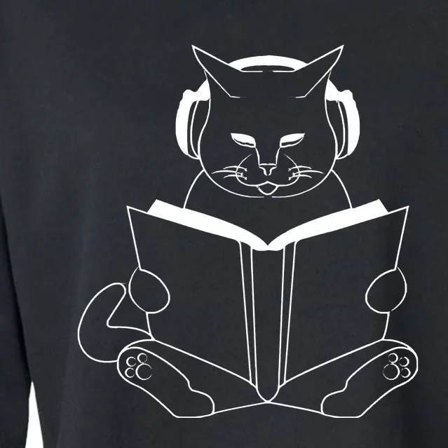 Cat Reading Book With Headphones Cropped Pullover Crew