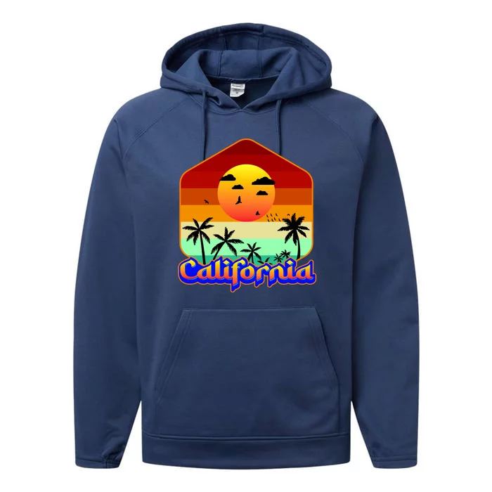 California Retro Beach Sunset Logo Performance Fleece Hoodie