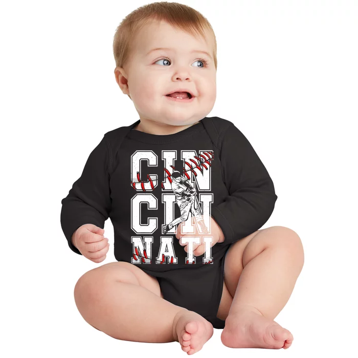 Cincinnati Retro Baseball Lover Met At Game Day Baby Long Sleeve Bodysuit