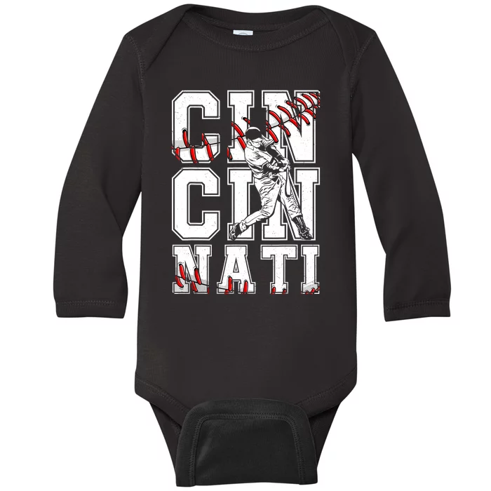 Cincinnati Retro Baseball Lover Met At Game Day Baby Long Sleeve Bodysuit