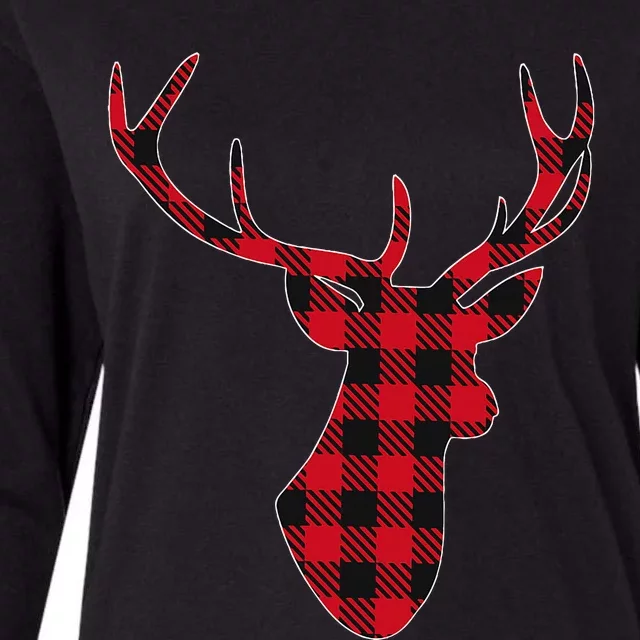 Classic Red & Black Christmas Buffalo Plaid Deer Womens Cotton Relaxed Long Sleeve T-Shirt