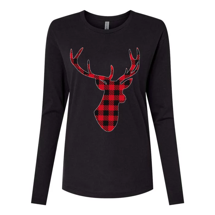 Classic Red & Black Christmas Buffalo Plaid Deer Womens Cotton Relaxed Long Sleeve T-Shirt