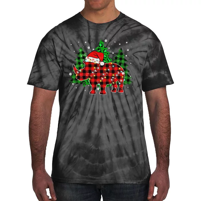 Classic Red & Black Christmas Buffalo Plaid Rhino Pajamas Tie-Dye T-Shirt