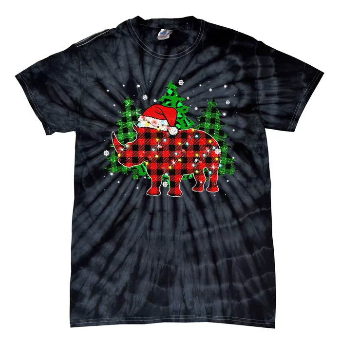 Classic Red & Black Christmas Buffalo Plaid Rhino Pajamas Tie-Dye T-Shirt