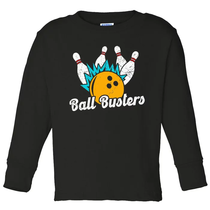 Classic Retro Bowling Team Name Ball Busters League Night Toddler Long Sleeve Shirt