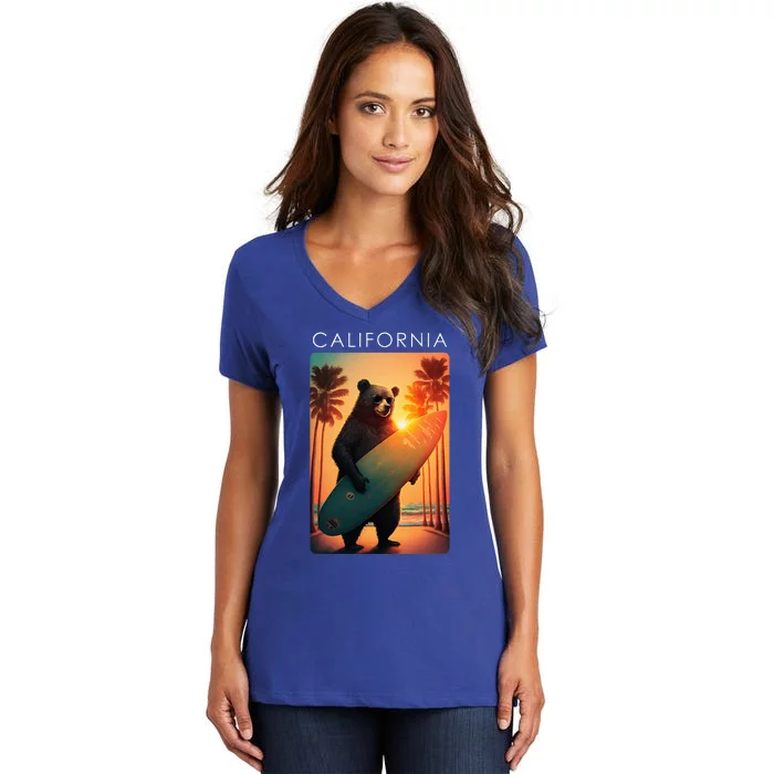 Cool Republic Bear Surfing Beach California Women's V-Neck T-Shirt