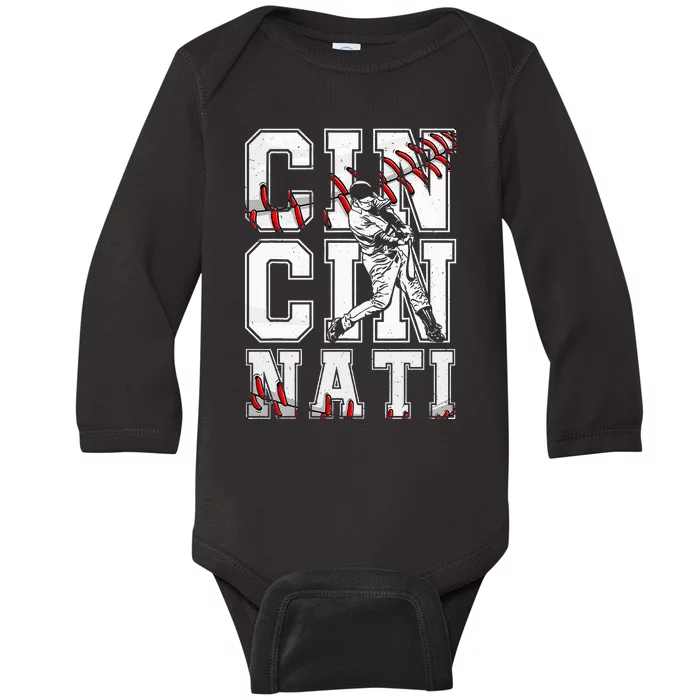 Cincinnati Retro Baseball Lover Met At Game Day Baby Long Sleeve Bodysuit