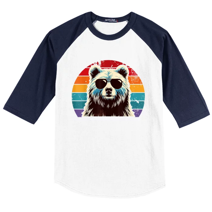 Cool Retro Bear In Sunglasses 70s 80s 90s Novelty Funny Bear Baseball Sleeve Shirt