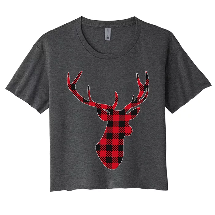 Classic Red & Black Christmas Buffalo Plaid Deer Women's Crop Top Tee