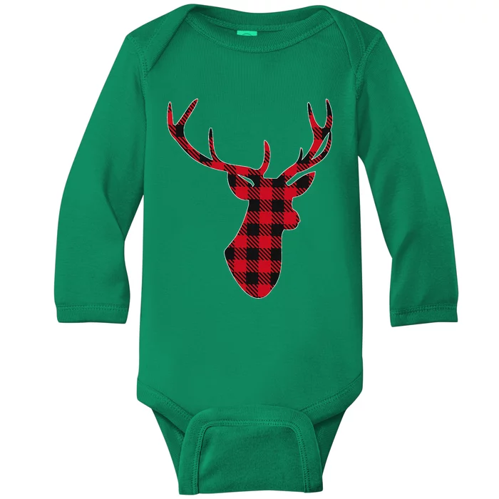 Classic Red & Black Christmas Buffalo Plaid Deer Baby Long Sleeve Bodysuit