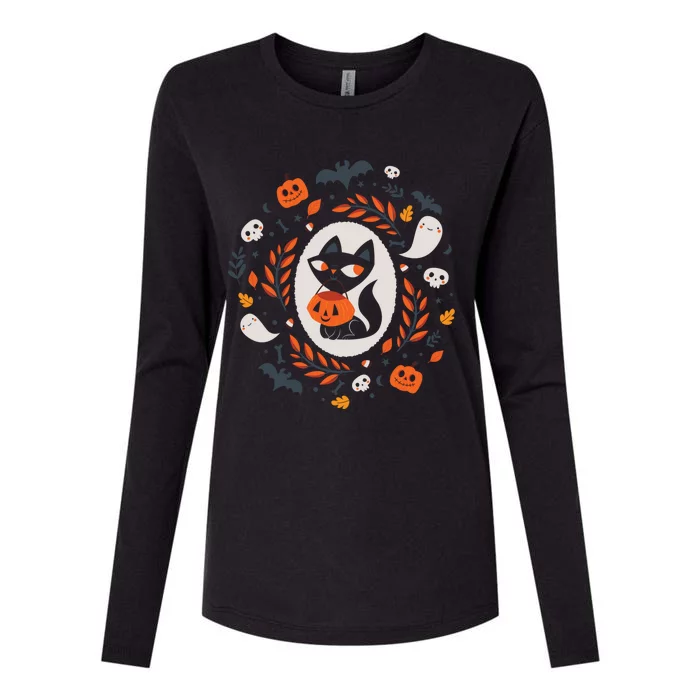 Cute Retro Black Cat Fall Halloween Womens Cotton Relaxed Long Sleeve T-Shirt