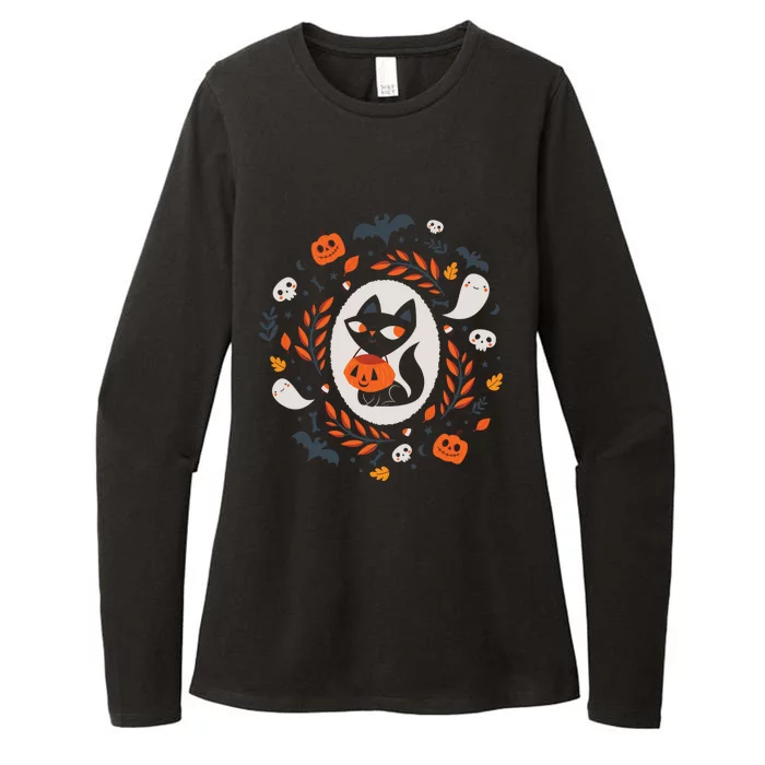 Cute Retro Black Cat Fall Halloween Womens CVC Long Sleeve Shirt