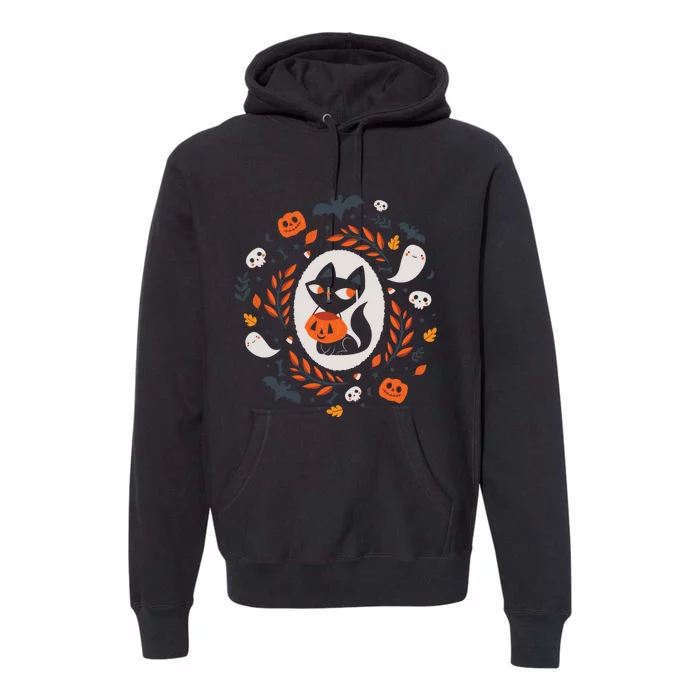 Cute Retro Black Cat Fall Halloween Premium Hoodie