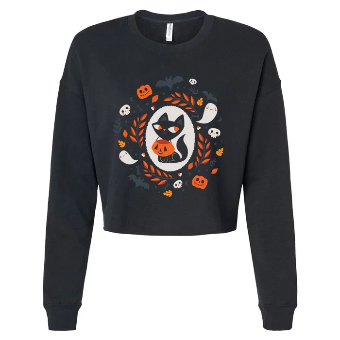 Cute Retro Black Cat Fall Halloween Cropped Pullover Crew